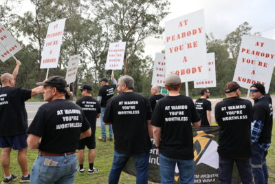 Mining and Energy Union members during the Peabody Wambo CHPP lockout dispute in 2026.